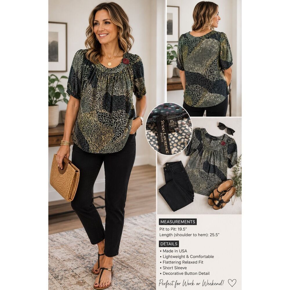 Susan Lawrence Petite PL Abstract Print Blouse Top USA Made Gathered Neck Career